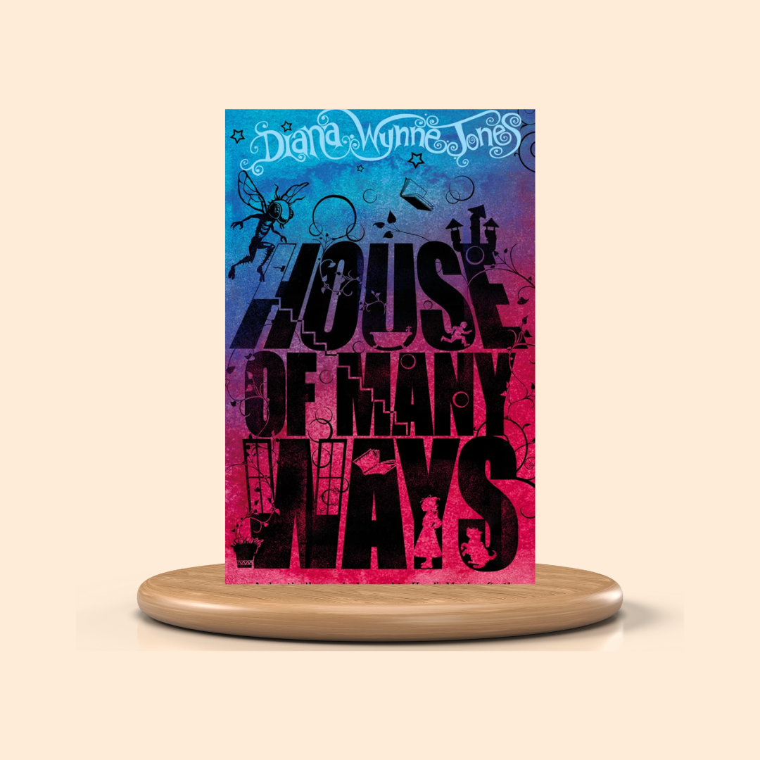 Book titled 'House of Many Ways' by Diana Wynne Jones on a stand with a colorful gradient background.