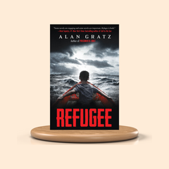 Book cover of 'Refugee' by Alan Gratz on a beige background