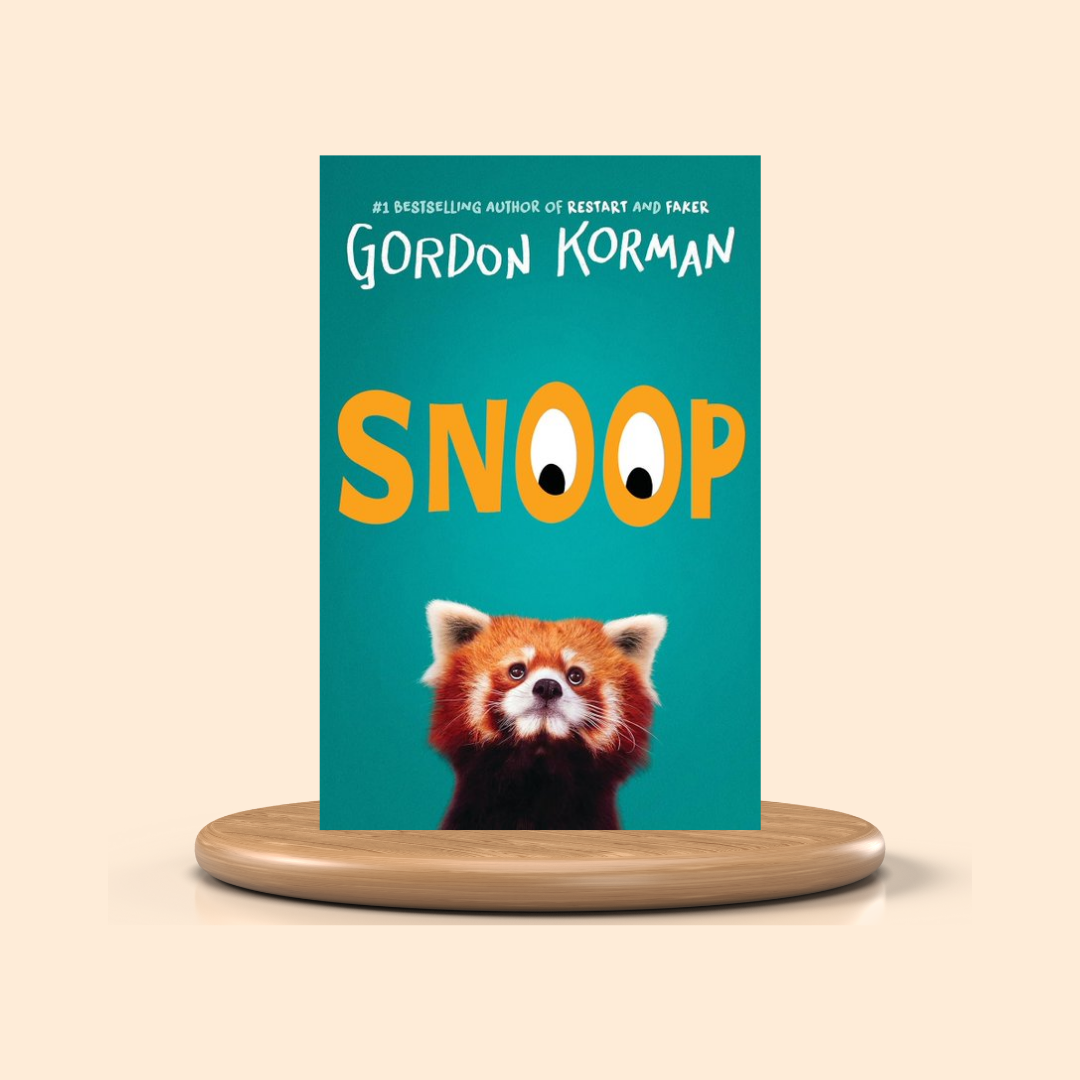 Book cover of 'Snoop' by Gordon Korman with a red panda illustration on a teal background.