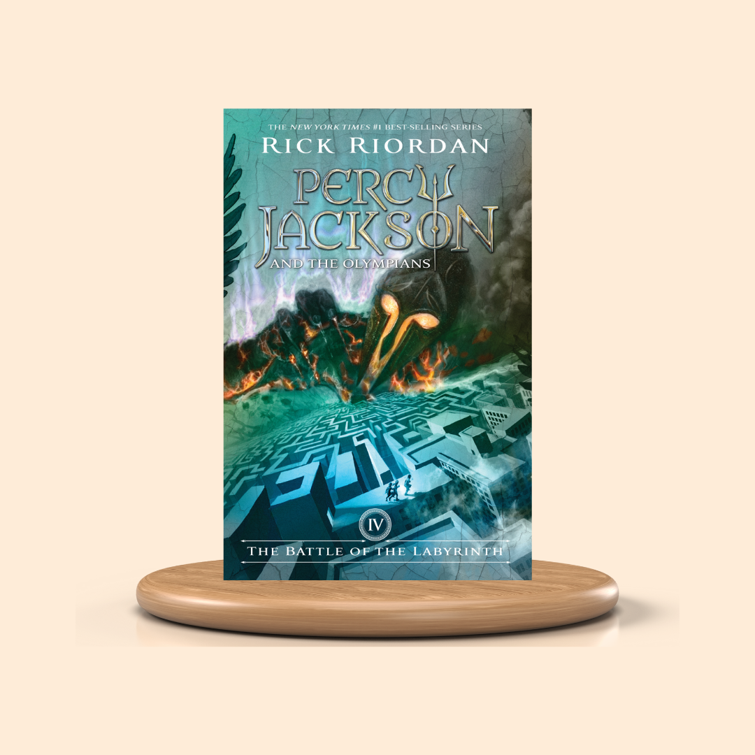 Book titled 'Percy Jackson and the Olympians: The Battle of the Labyrinth' by Rick Riordan on a beige background