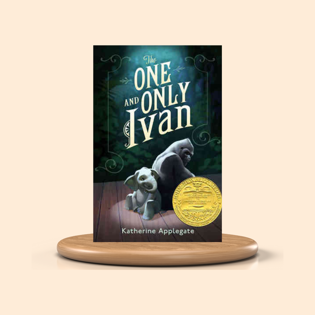 Book cover of 'The One and Only Ivan' with a gold medal on a beige background