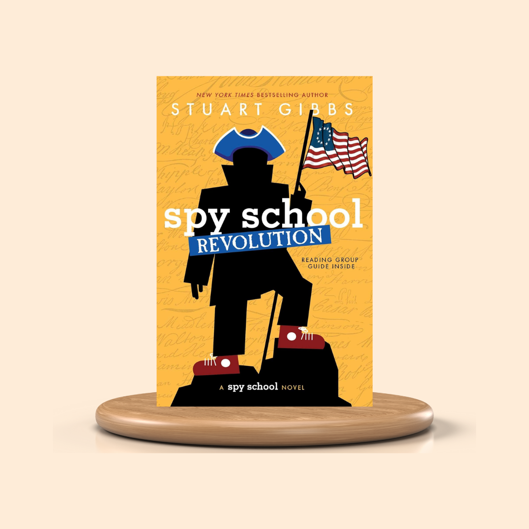 Book cover of 'Spy School Revolution' by Stuart Gibbs on a yellow background