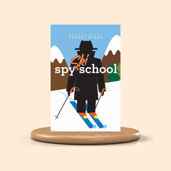 Book cover of 'Spy Ski School' by Stuart Gibbs with a stylized illustration of a person skiing on a mountain background.