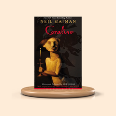 Book cover of 'Coraline' by Neil Gaiman on a beige background