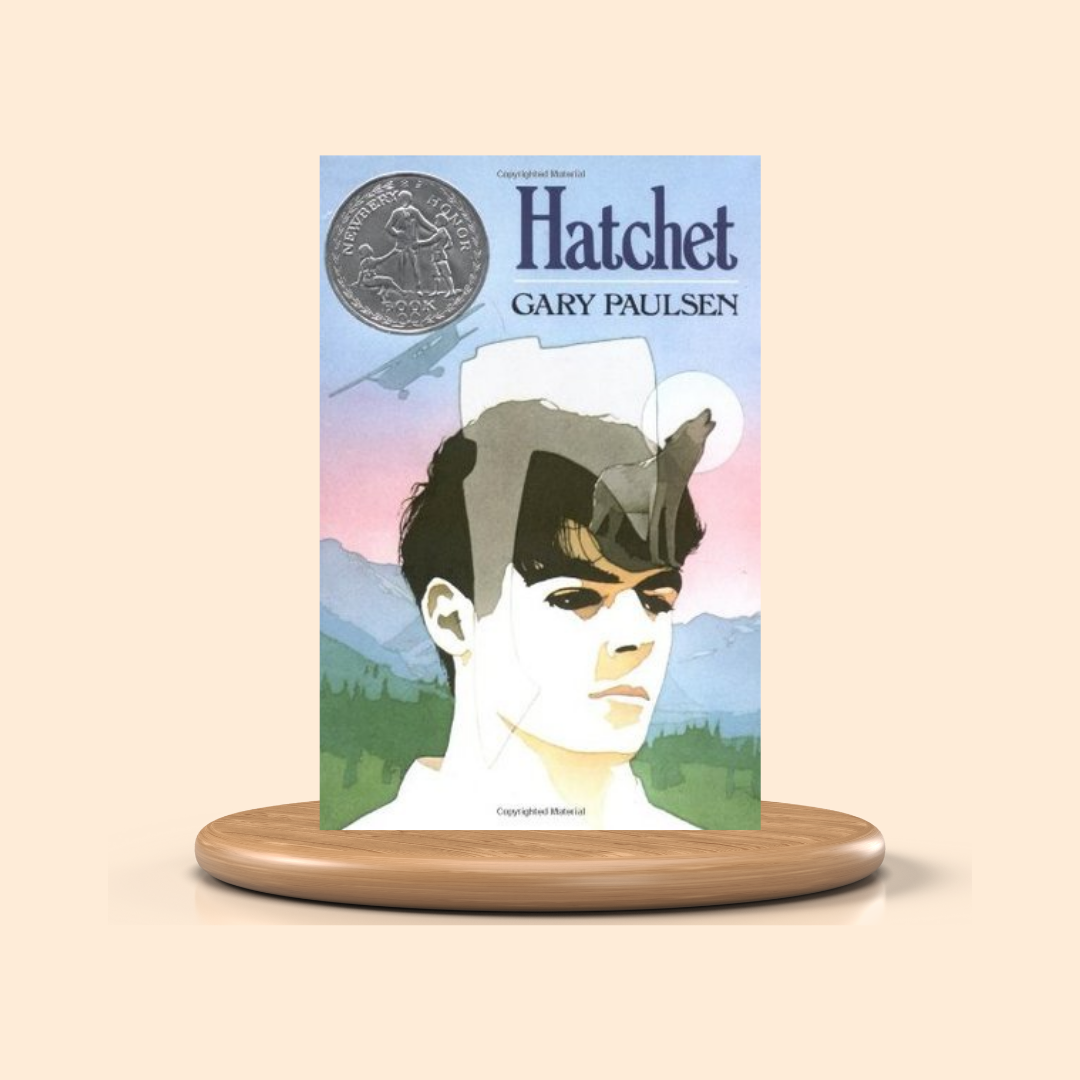 Book titled 'Hatchet' by Gary Paulsen on a beige background