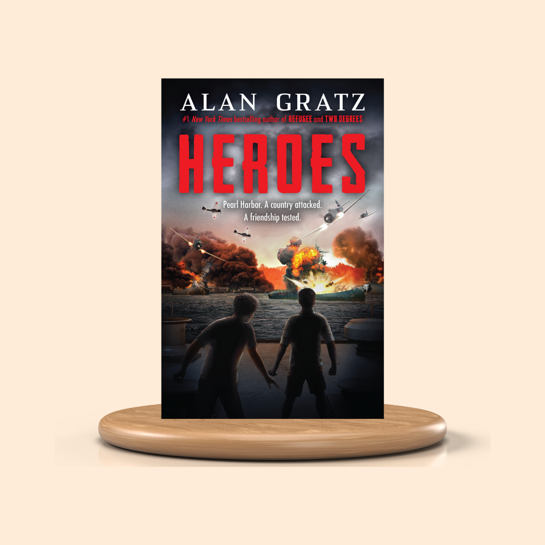 Book titled 'Heroes' by Alan Gratz on a beige background