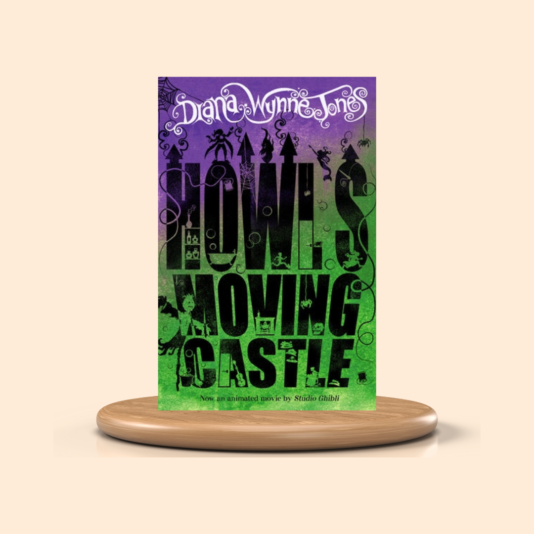Book titled 'Howl's Moving Castle' by Diana Wynne Jones on a wooden stand with a beige background