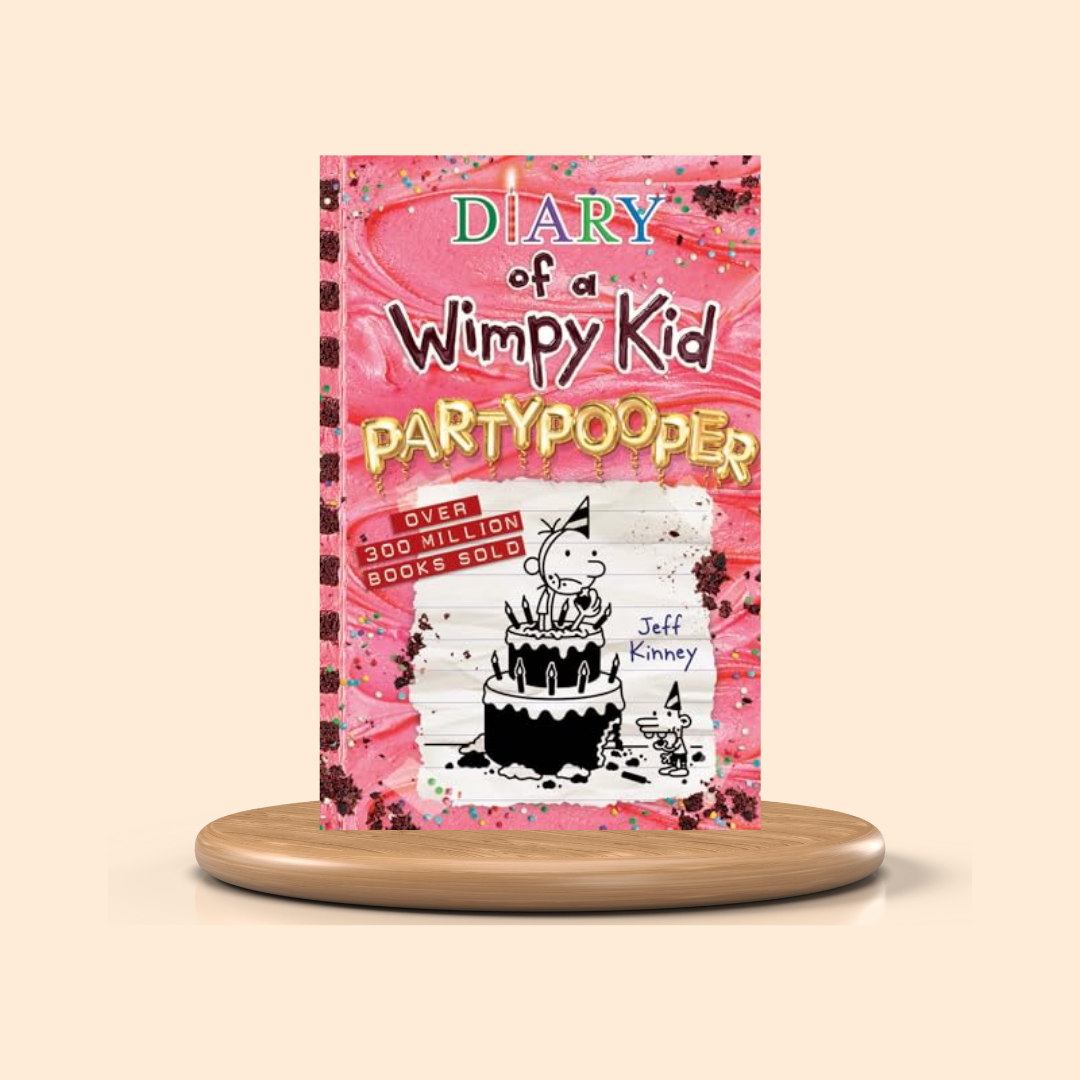 Book titled 'Diary of a Wimpy Kid: Partypooper' on a beige background