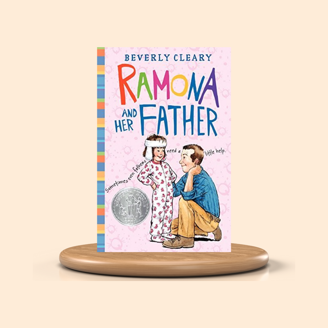 Book cover of 'Ramona and Her Father' by Beverly Cleary on a beige background