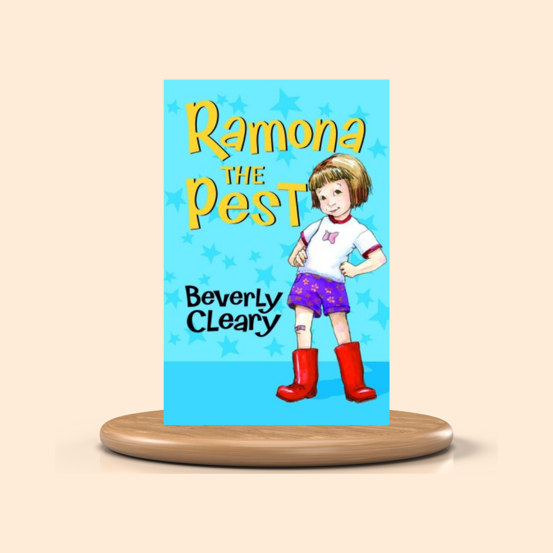 Book cover of 'Ramona the Pest' by Beverly Cleary with a character illustration on a blue background.
