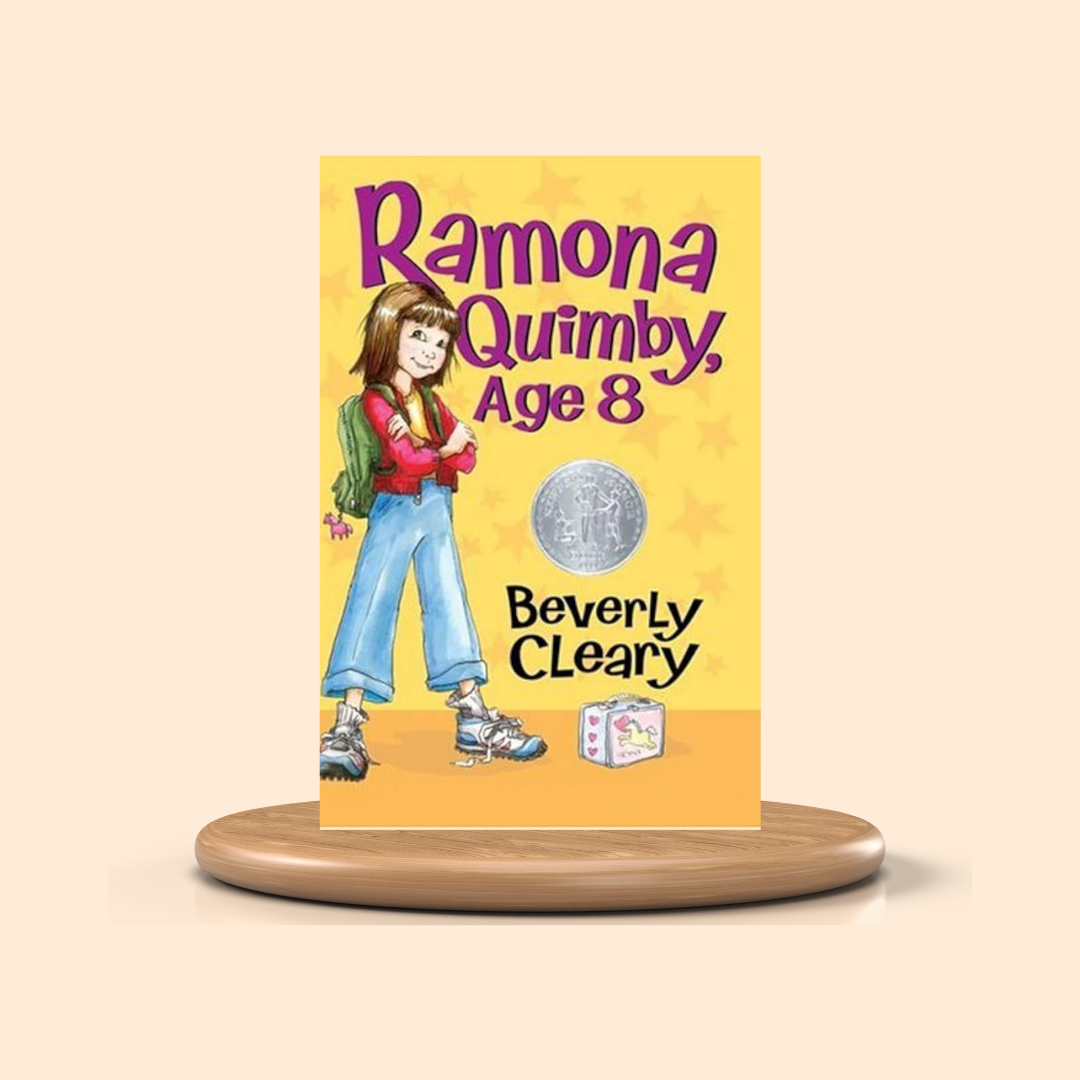 Book cover of 'Ramona Quimby, Age 8' by Beverly Cleary on a yellow background