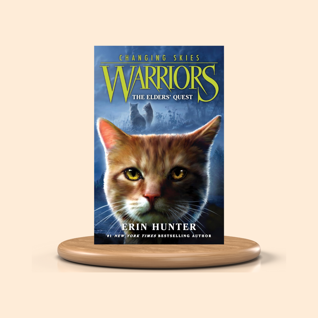 Book cover of 'Warriors: The Elders' Quest' by Erin Hunter featuring a cat's face on a beige background.