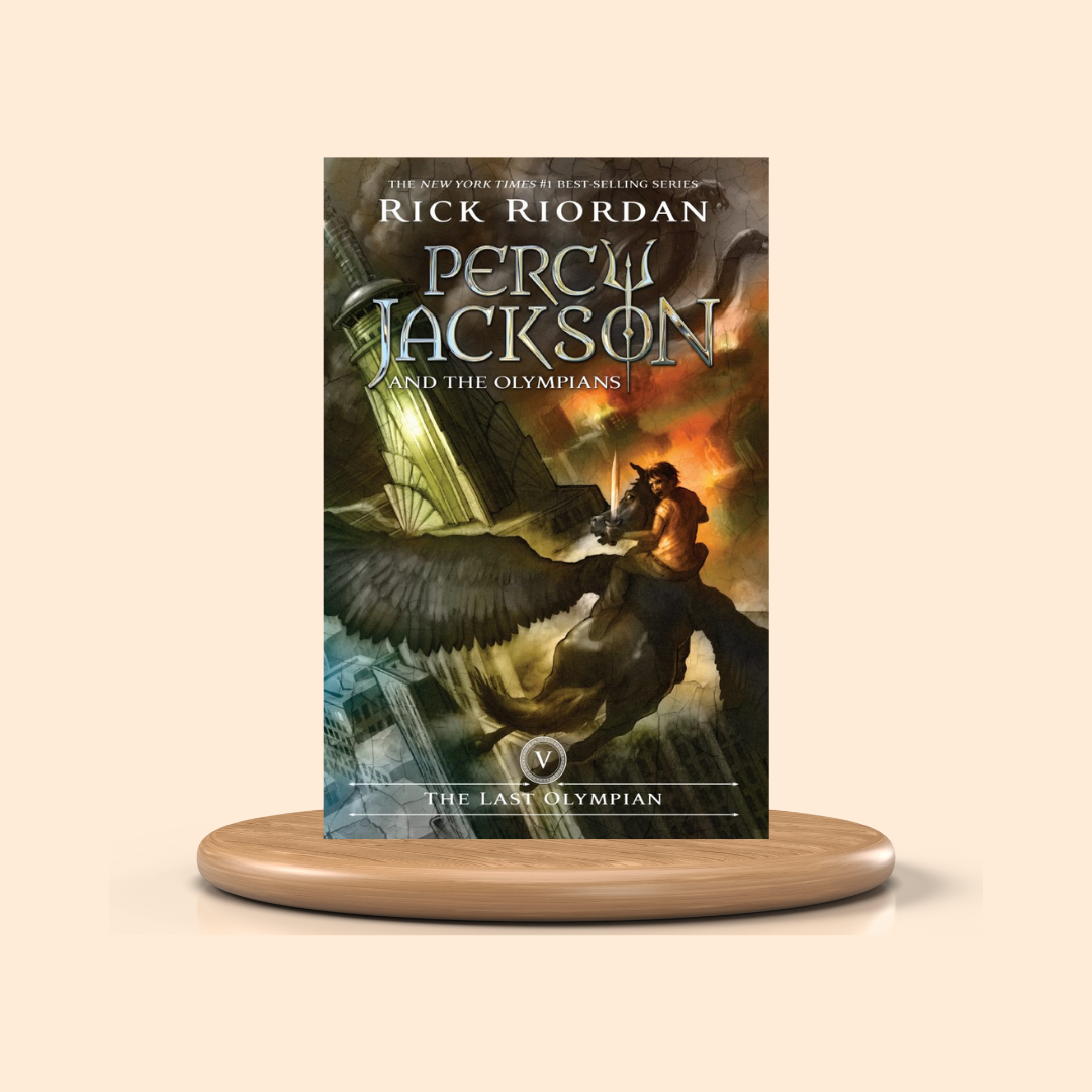 Book titled 'Percy Jackson and the Olympians: The Last Olympian' by Rick Riordan on a beige background