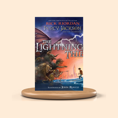 Book cover of 'The Lightning Thief' by Rick Riordan on a beige background
