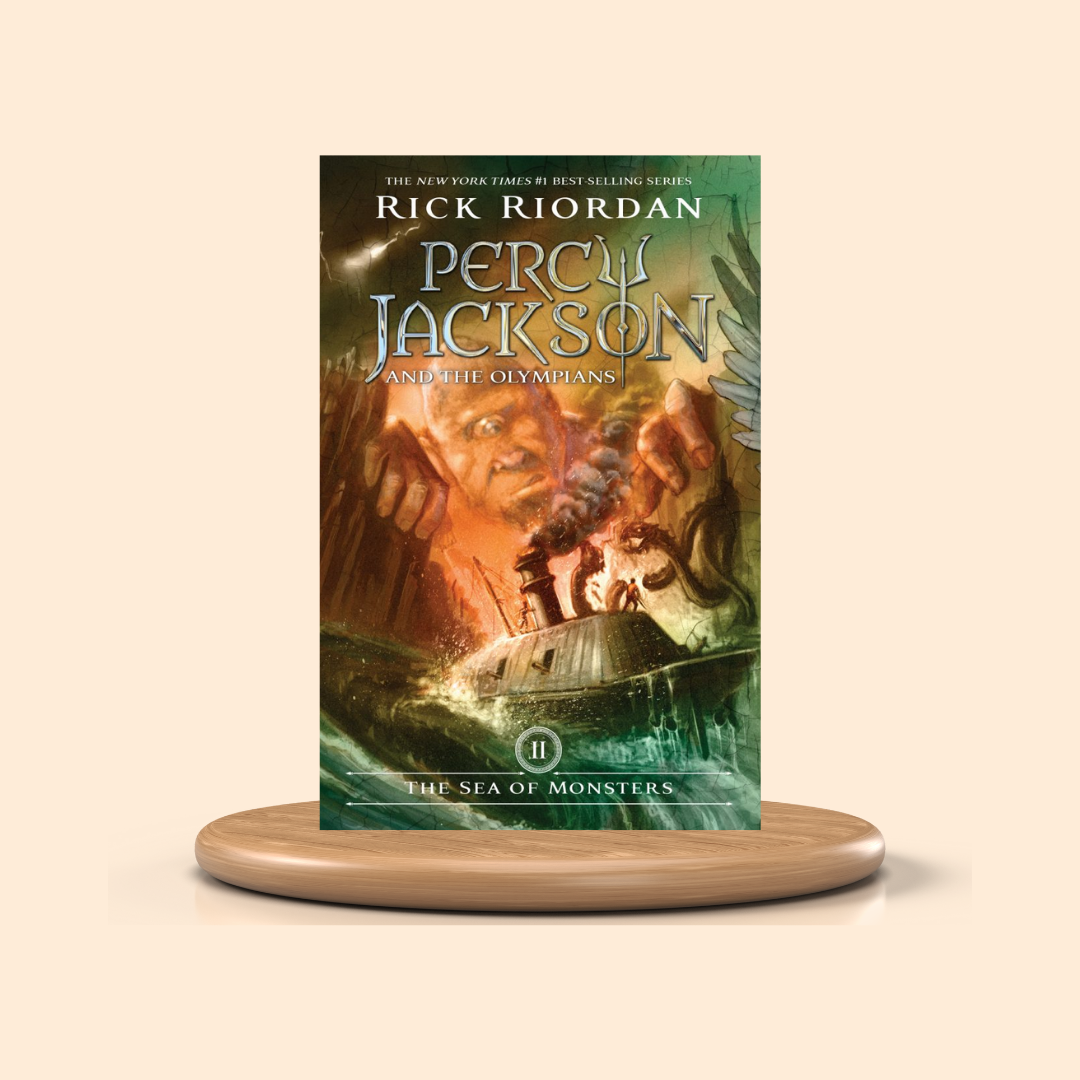 Book cover of 'The Sea of Monsters' from Percy Jackson series on a beige background
