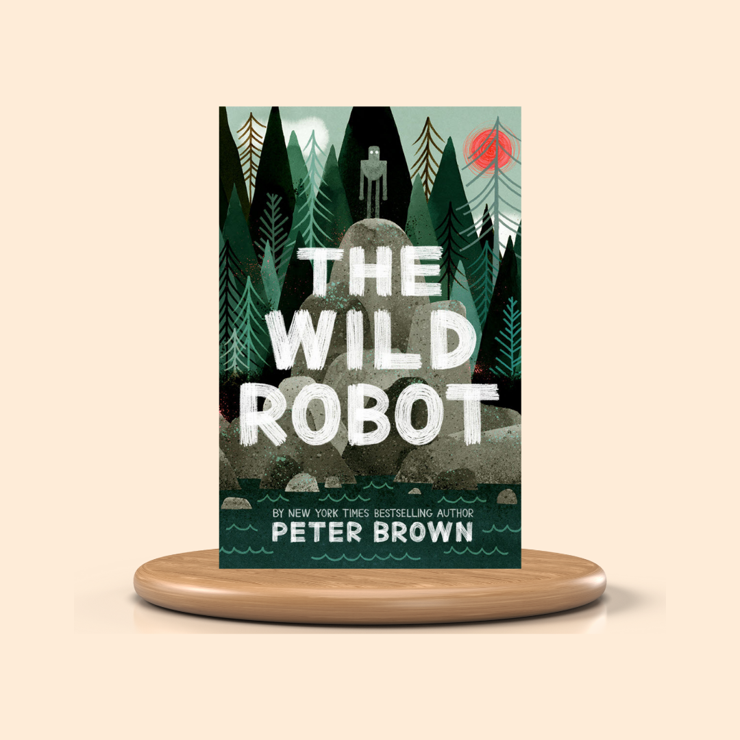 Book cover of 'The Wild Robot' by Peter Brown on a beige background
