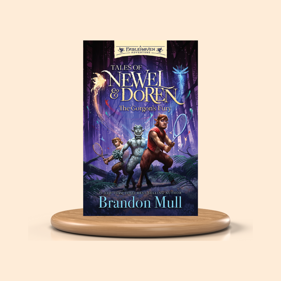 Book cover of 'Tales of Newel & Doren: The Gorgon's Fury' by Brandon Mull on a beige background