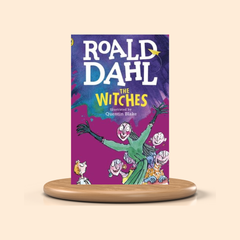 Book cover of 'The Witches' by Roald Dahl on a purple background with colorful illustrations.