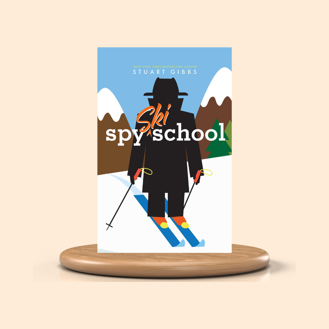 Book cover of 'Spy Ski School' by Stuart Gibbs with a stylized illustration of a person skiing on a mountain background.